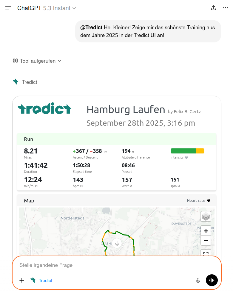 Eine Laufaktivität wird in ChatGPT als MCP App in der Tredict UI angezeigt.