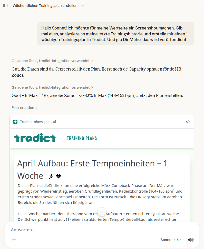 Ein Trainingsplan wurde von Claude direkt in Tredict erstellt.